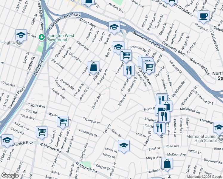 map of restaurants, bars, coffee shops, grocery stores, and more near 1029 Fenwood Drive in North Valley Stream