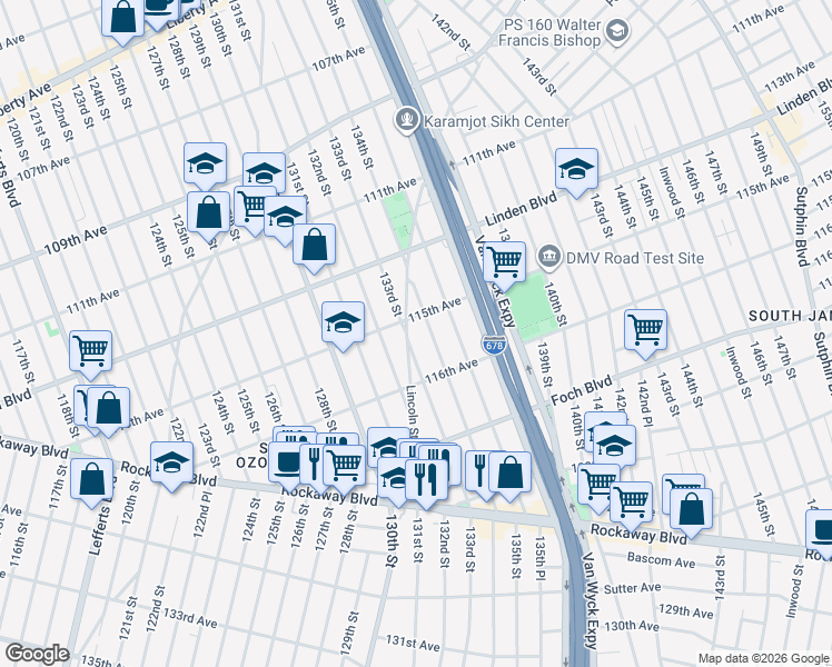 map of restaurants, bars, coffee shops, grocery stores, and more near 133-02 115th Avenue in Queens