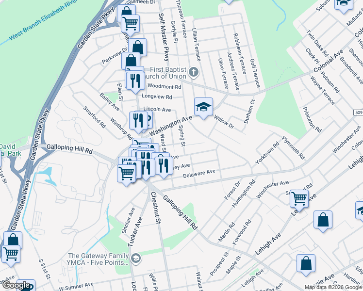 map of restaurants, bars, coffee shops, grocery stores, and more near 273 Monticello Street in Union