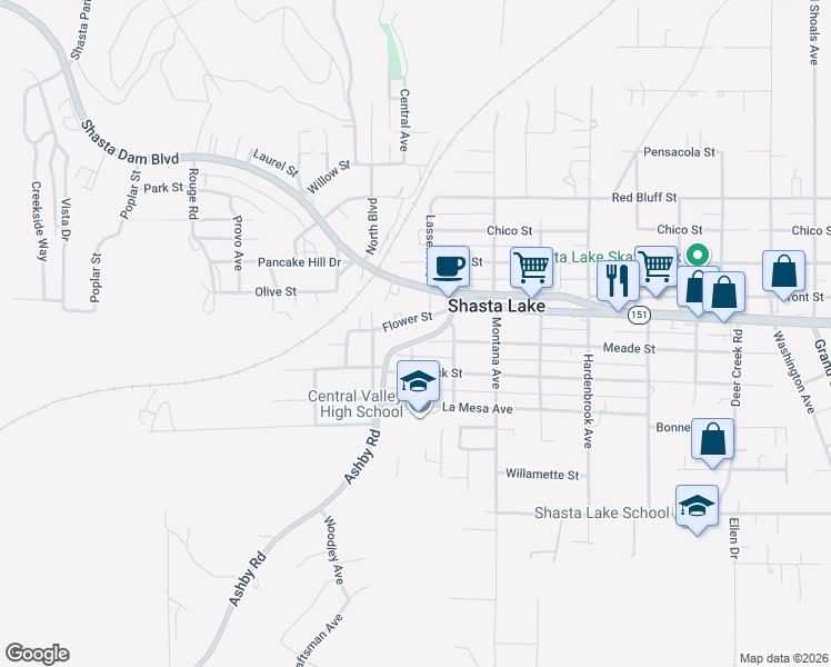 map of restaurants, bars, coffee shops, grocery stores, and more near 4036 Flower Street in Shasta Lake