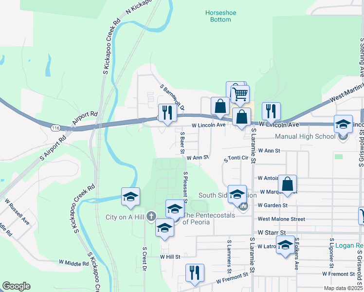 map of restaurants, bars, coffee shops, grocery stores, and more near 807 South Baer Street in Peoria