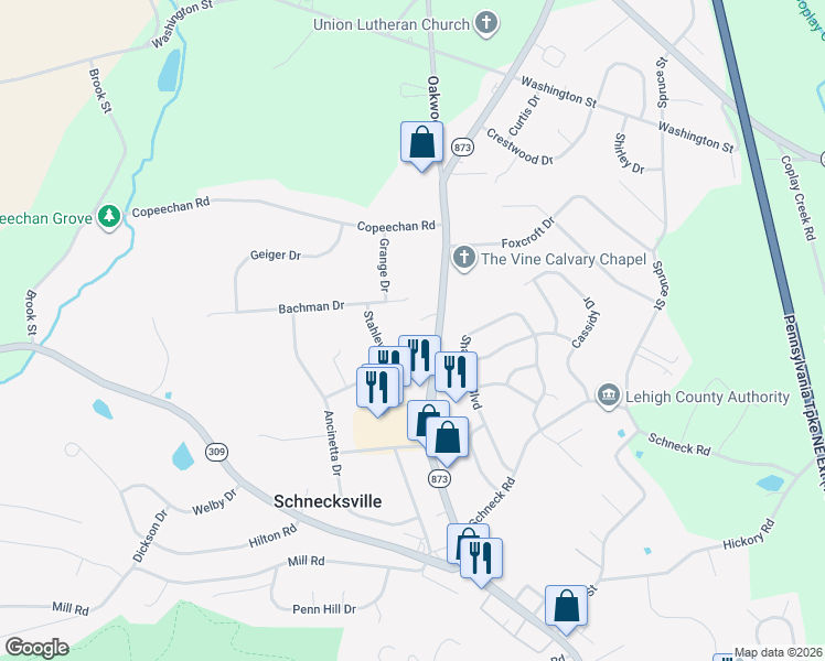 map of restaurants, bars, coffee shops, grocery stores, and more near 5160 Pennsylvania 873 in Schnecksville