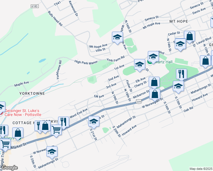 map of restaurants, bars, coffee shops, grocery stores, and more near 1906 3rd Avenue in Pottsville