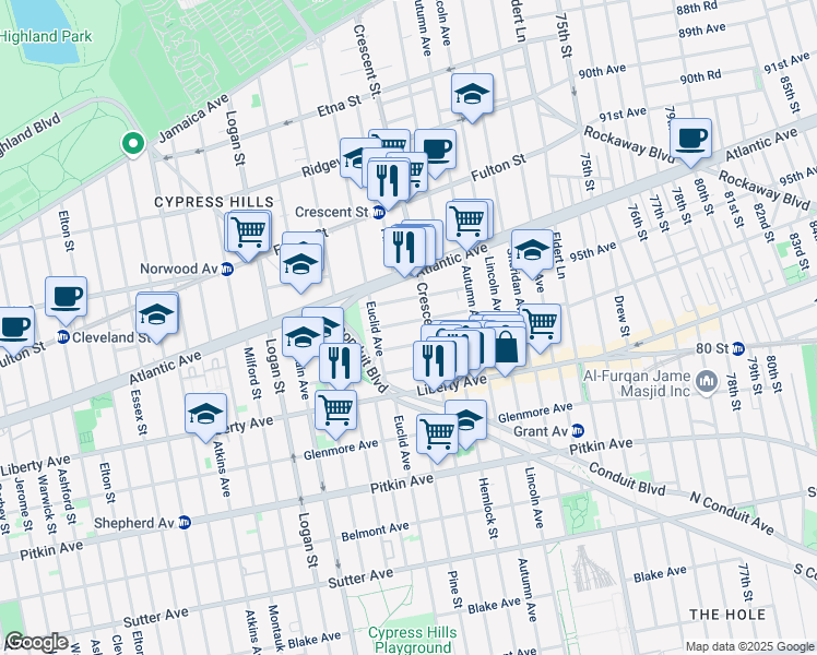 map of restaurants, bars, coffee shops, grocery stores, and more near 82 Weldon Street in Brooklyn