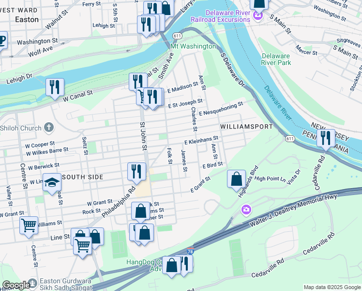 map of restaurants, bars, coffee shops, grocery stores, and more near 111 East Kleinhans Street in Easton