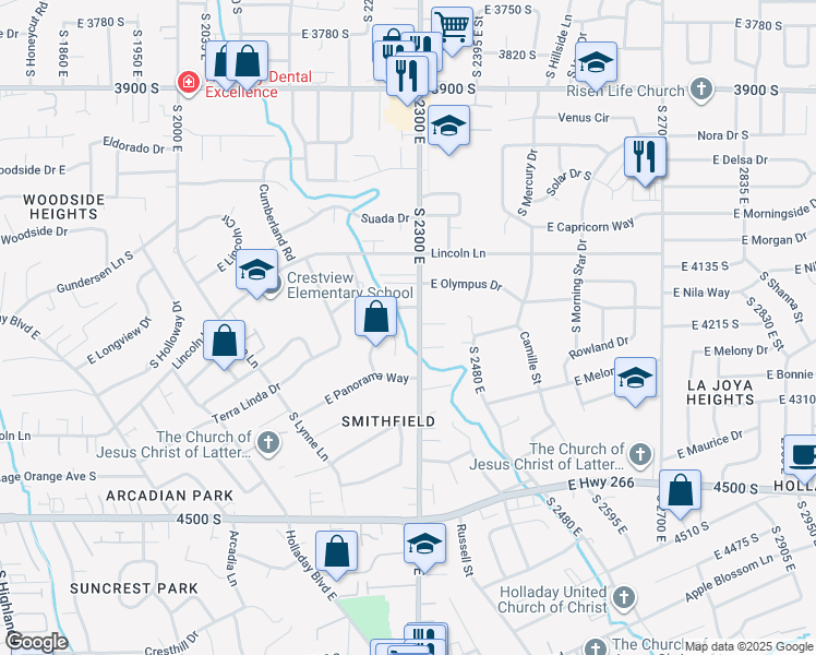 map of restaurants, bars, coffee shops, grocery stores, and more near 4216 South 2300 East in Holladay