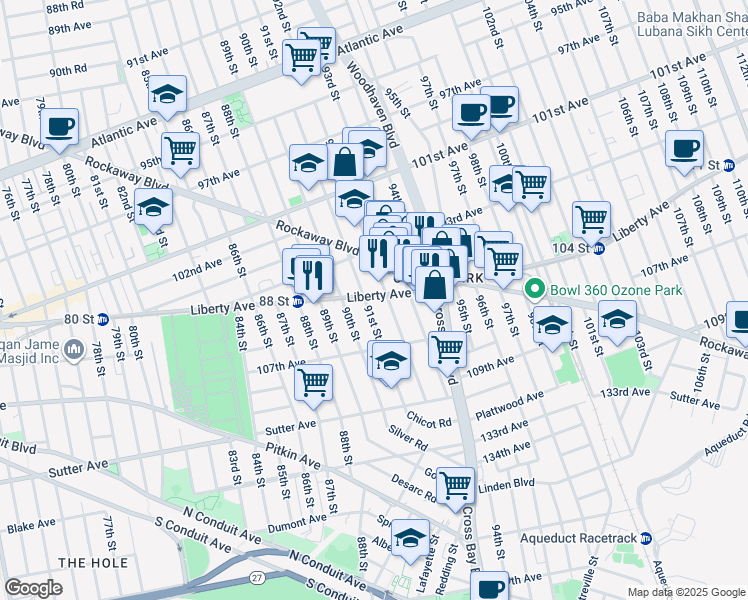 map of restaurants, bars, coffee shops, grocery stores, and more near 91-08 Liberty Avenue in Queens