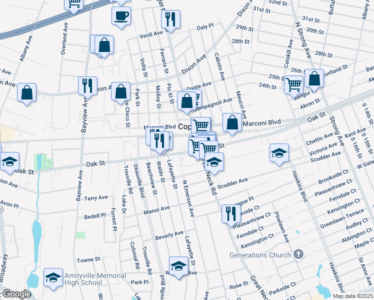 map of restaurants, bars, coffee shops, grocery stores, and more near 473 Oak Street in Copiague