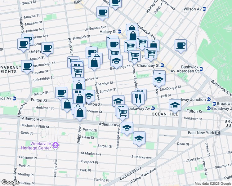 map of restaurants, bars, coffee shops, grocery stores, and more near 184 Saratoga Avenue in Brooklyn