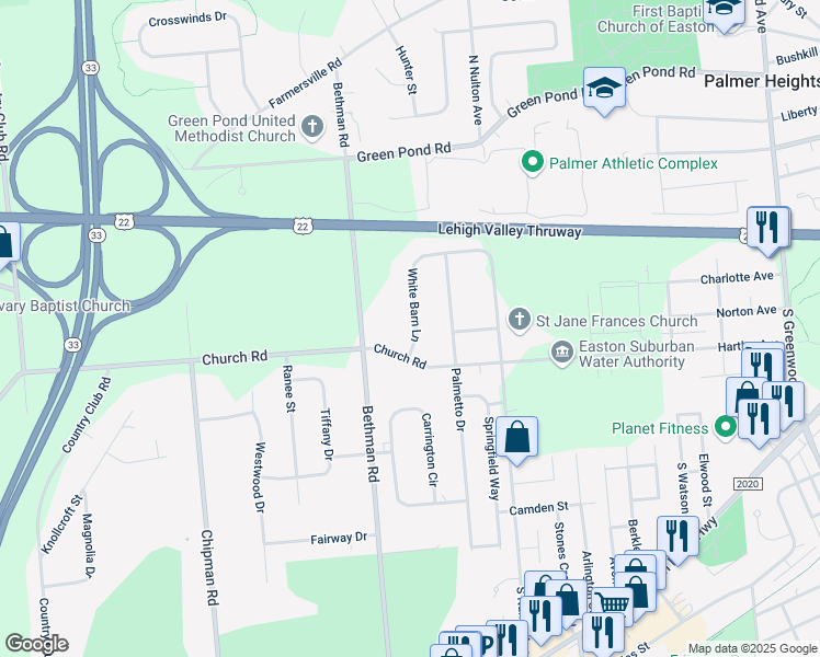 map of restaurants, bars, coffee shops, grocery stores, and more near 3835 White Barn Lane in Easton