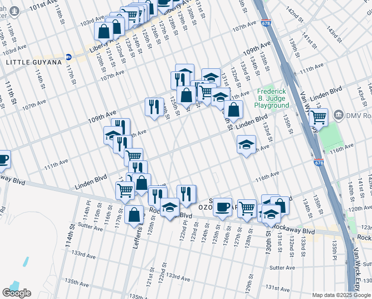 map of restaurants, bars, coffee shops, grocery stores, and more near 124-12 Linden Boulevard in Queens