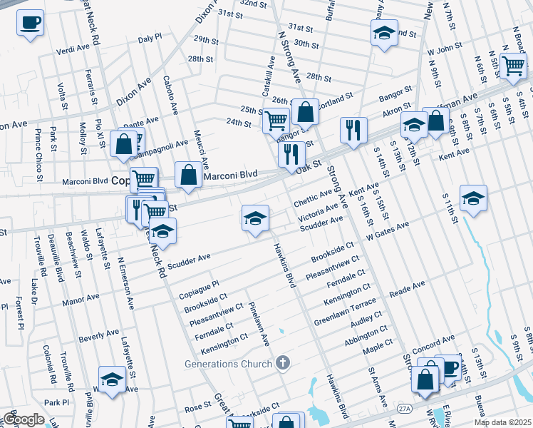 map of restaurants, bars, coffee shops, grocery stores, and more near 114 Clubhouse Drive in Copiague
