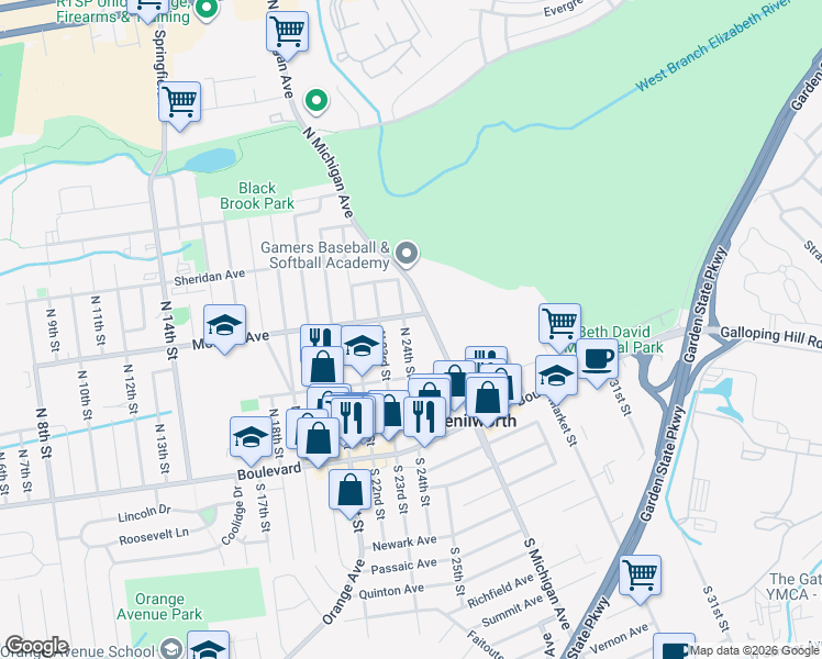 map of restaurants, bars, coffee shops, grocery stores, and more near 137 North 24th Street in Kenilworth