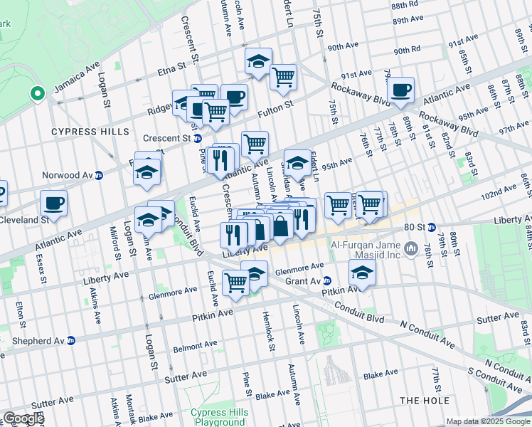 map of restaurants, bars, coffee shops, grocery stores, and more near 409 Autumn Avenue in Brooklyn