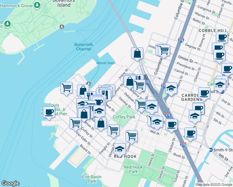 map of restaurants, bars, coffee shops, grocery stores, and more near 276 Van Brunt Street in Brooklyn