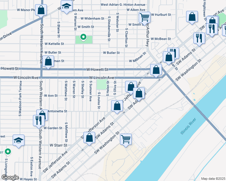 map of restaurants, bars, coffee shops, grocery stores, and more near 807 South Olive Street in Peoria