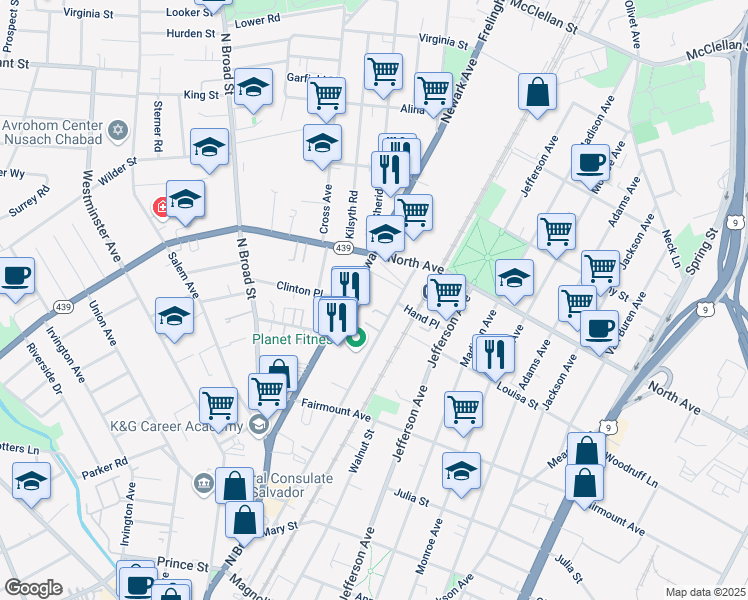 map of restaurants, bars, coffee shops, grocery stores, and more near 705 Newark Ave in Elizabeth