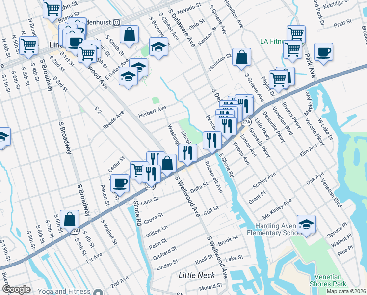 map of restaurants, bars, coffee shops, grocery stores, and more near 564 Washington Avenue in Lindenhurst