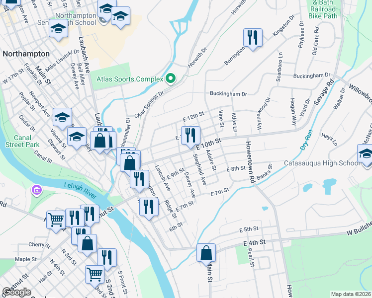 map of restaurants, bars, coffee shops, grocery stores, and more near 351 East 10th Street in Northampton