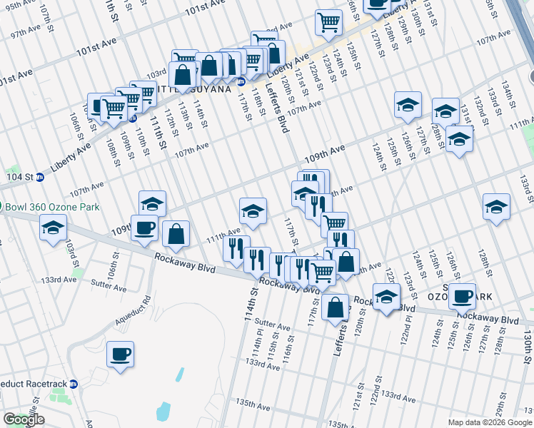 map of restaurants, bars, coffee shops, grocery stores, and more near 115-17 111th Avenue in Queens