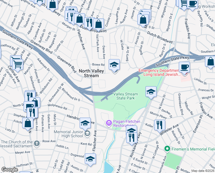 map of restaurants, bars, coffee shops, grocery stores, and more near 1067 Martin Place in Valley Stream