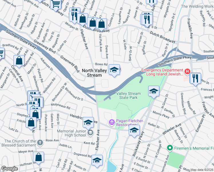map of restaurants, bars, coffee shops, grocery stores, and more near 1067 Martin Place in Valley Stream