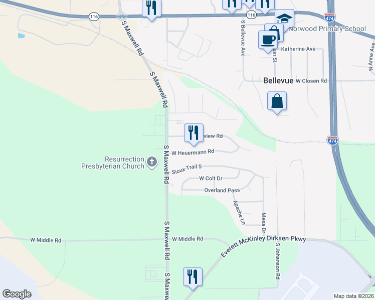 map of restaurants, bars, coffee shops, grocery stores, and more near 5923 West Heuermann Road in Peoria