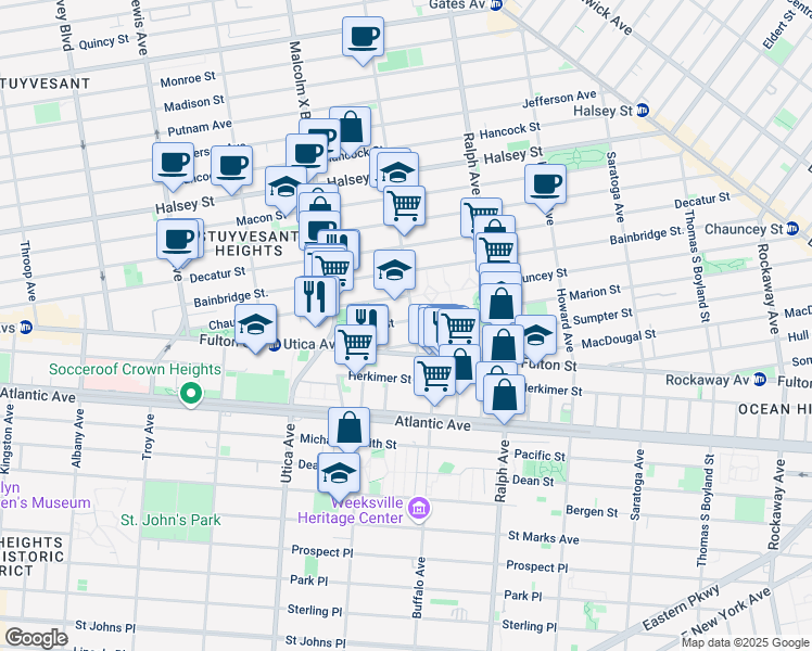 map of restaurants, bars, coffee shops, grocery stores, and more near 126 Marion Street in Brooklyn