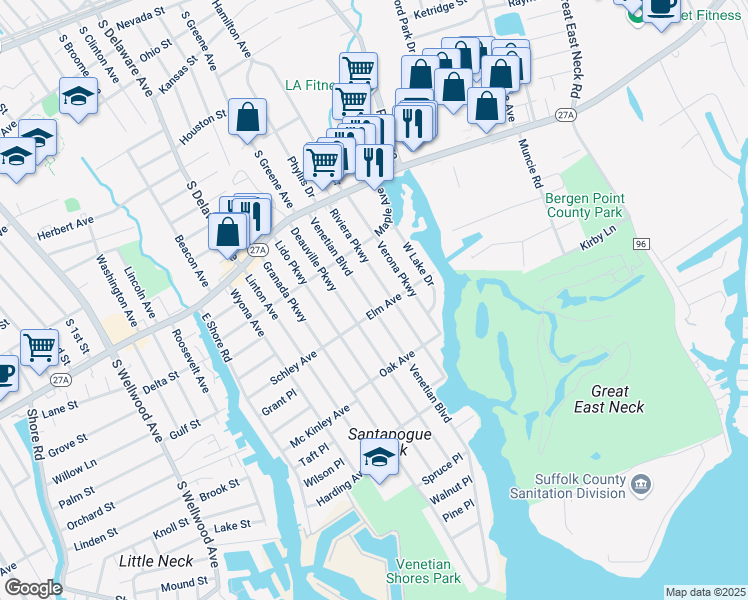map of restaurants, bars, coffee shops, grocery stores, and more near 130 Venetian Boulevard in Lindenhurst