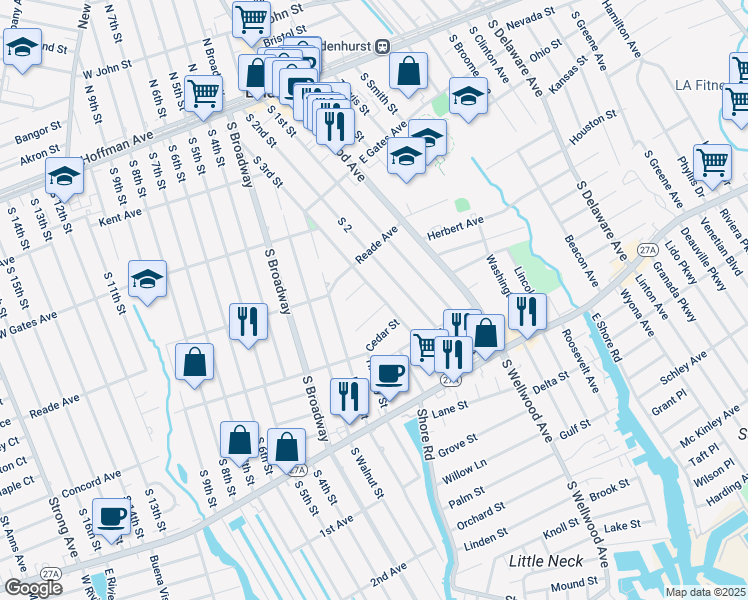 map of restaurants, bars, coffee shops, grocery stores, and more near 443 South 3rd Street in Lindenhurst