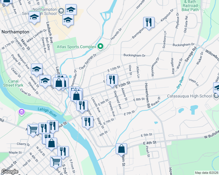 map of restaurants, bars, coffee shops, grocery stores, and more near 351 East 10th Street in Northampton