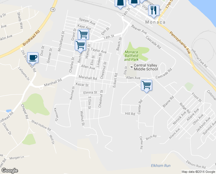 map of restaurants, bars, coffee shops, grocery stores, and more near 1221 Sumac Way in Monaca