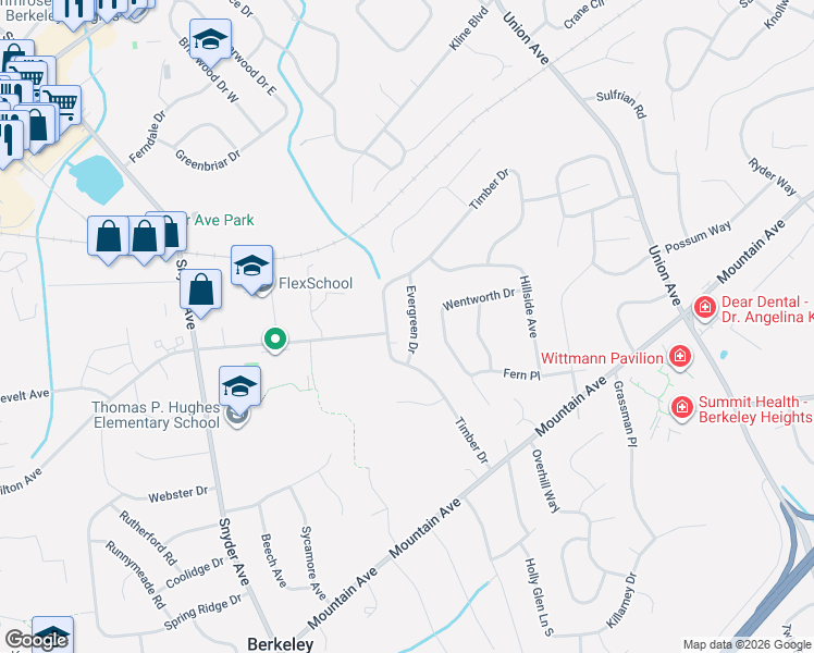 map of restaurants, bars, coffee shops, grocery stores, and more near 36 Evergreen Drive in Berkeley Heights