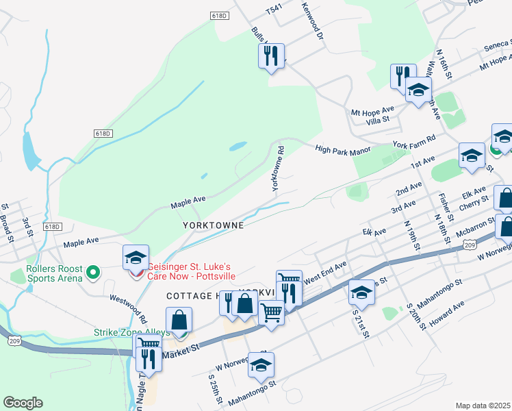 map of restaurants, bars, coffee shops, grocery stores, and more near 2118 Woodglen Road in Pottsville