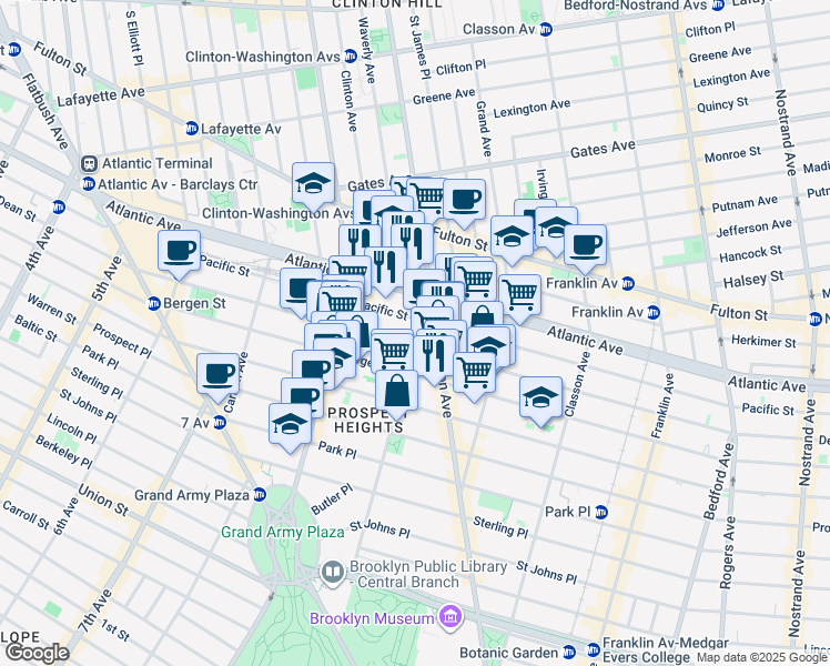 map of restaurants, bars, coffee shops, grocery stores, and more near 34 Underhill Avenue in Brooklyn