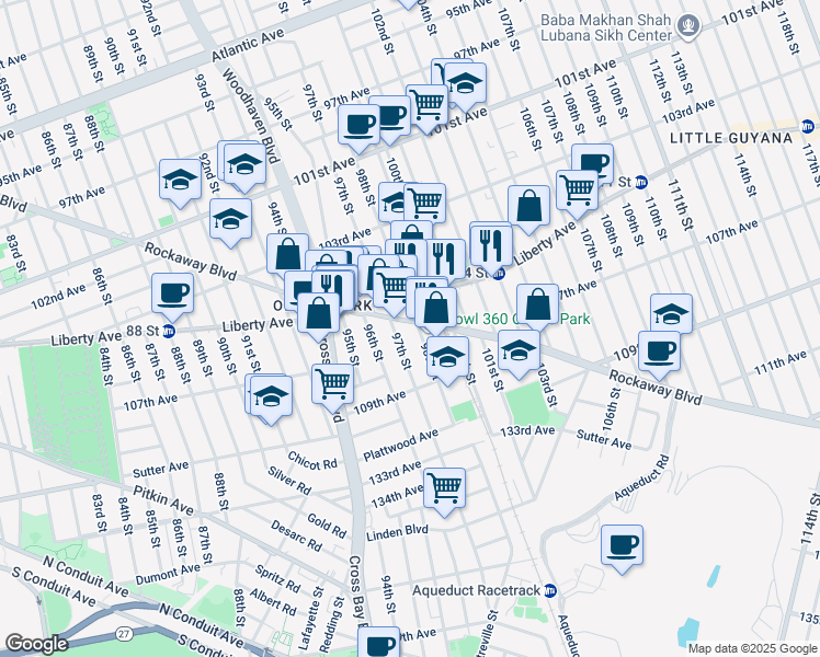 map of restaurants, bars, coffee shops, grocery stores, and more near 98-8 Rockaway Boulevard in Queens