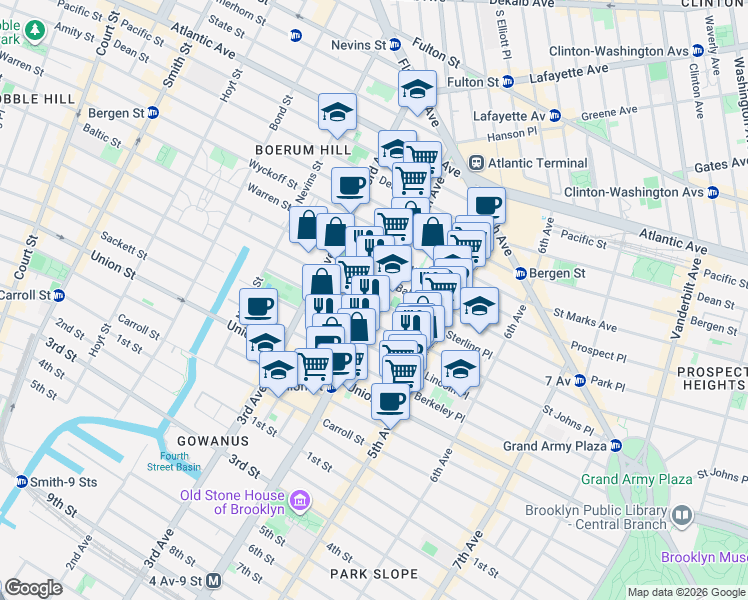 map of restaurants, bars, coffee shops, grocery stores, and more near Butler Street in Brooklyn