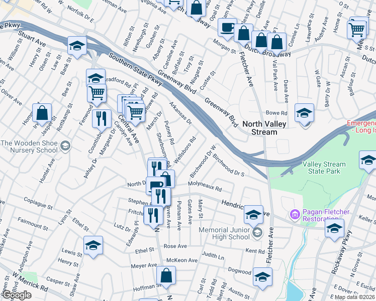 map of restaurants, bars, coffee shops, grocery stores, and more near 40 Wellsboro Road in Valley Stream