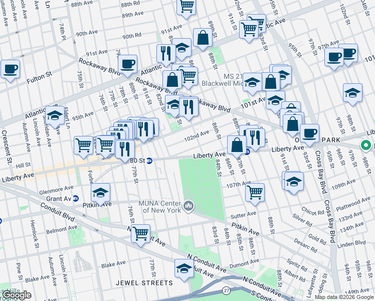 map of restaurants, bars, coffee shops, grocery stores, and more near 81-49 102nd Road in Queens