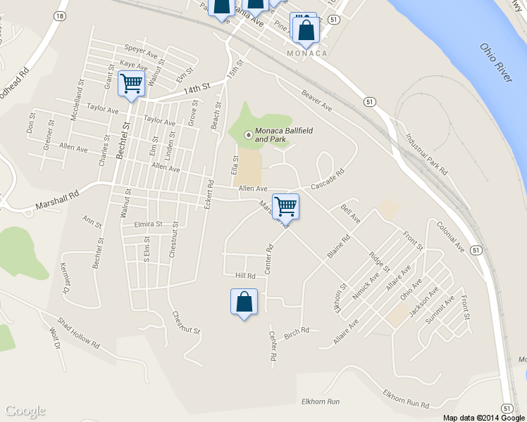 map of restaurants, bars, coffee shops, grocery stores, and more near 1900 Marshall Rd in Monaca