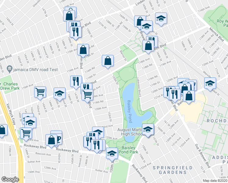 map of restaurants, bars, coffee shops, grocery stores, and more near 118-63 154th Street in Queens