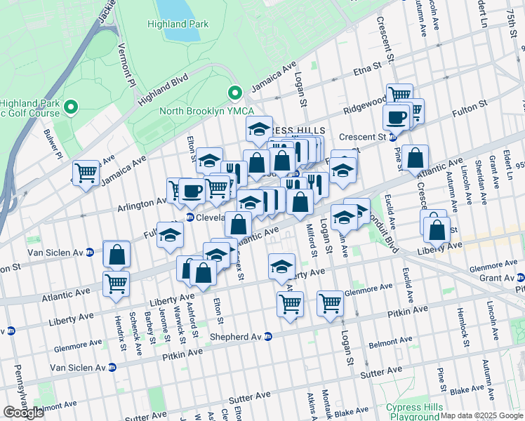 map of restaurants, bars, coffee shops, grocery stores, and more near 212 Highland Place in Brooklyn