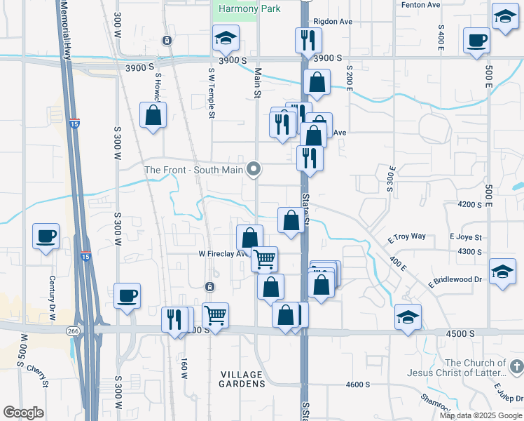 map of restaurants, bars, coffee shops, grocery stores, and more near 4197 South Main Street in Millcreek