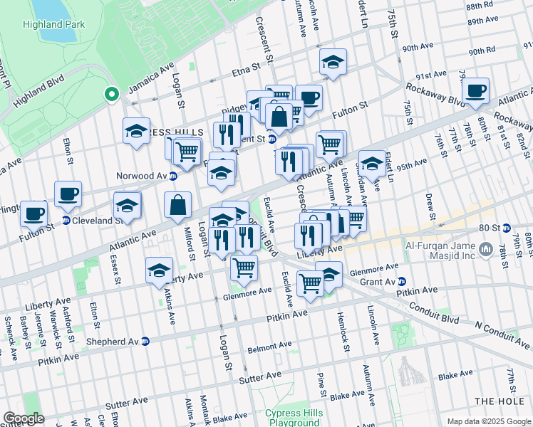 map of restaurants, bars, coffee shops, grocery stores, and more near 332 Euclid Avenue in Brooklyn