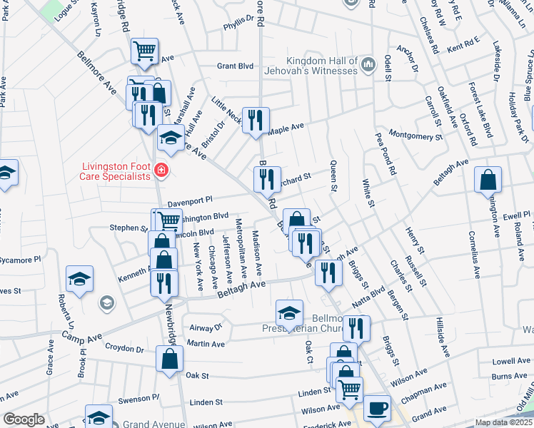 map of restaurants, bars, coffee shops, grocery stores, and more near 2 Floral Place in North Bellmore
