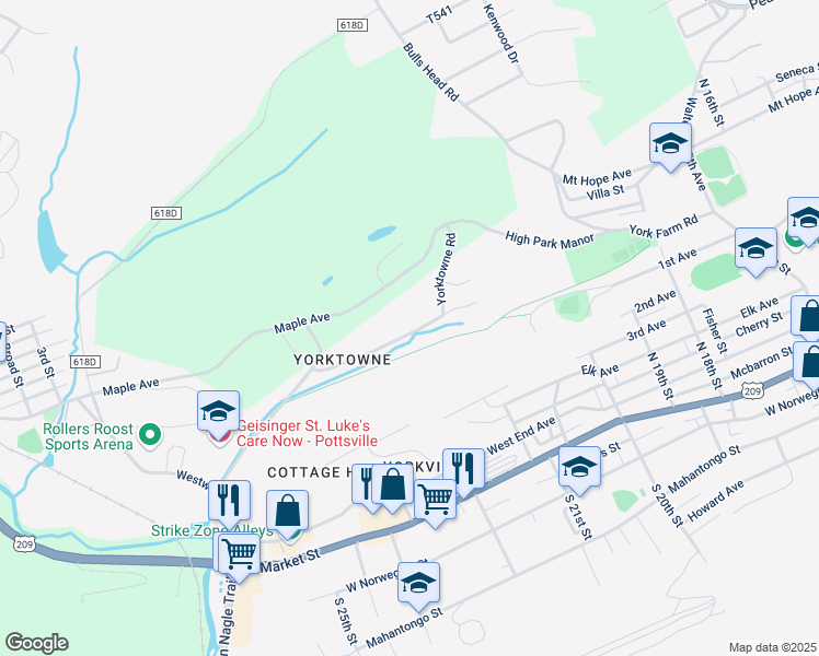 map of restaurants, bars, coffee shops, grocery stores, and more near 2118 Woodglen Road in Pottsville