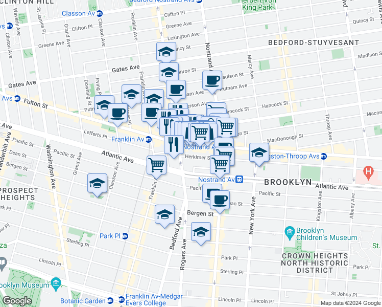 map of restaurants, bars, coffee shops, grocery stores, and more near 25 Herkimer Street in Brooklyn