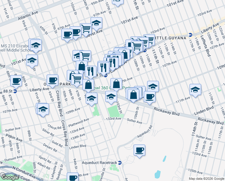 map of restaurants, bars, coffee shops, grocery stores, and more near 107-24 104th Street in Queens
