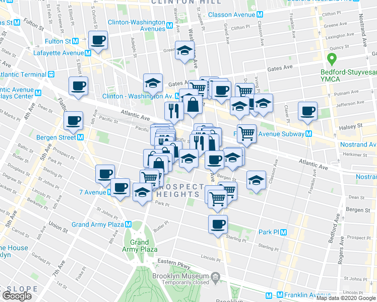 map of restaurants, bars, coffee shops, grocery stores, and more near 731 Dean Street in Brooklyn