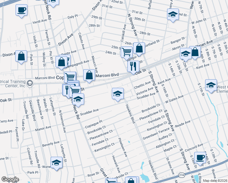 map of restaurants, bars, coffee shops, grocery stores, and more near 74 Cambridge Drive West in Copiague